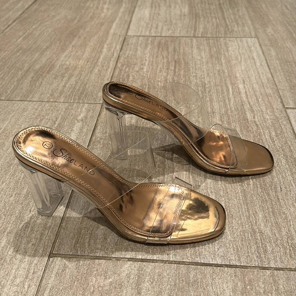 CLLAARY PERSPEX HEEL, SLIDE ON SANDALS (ROSE GOLD BASE)
